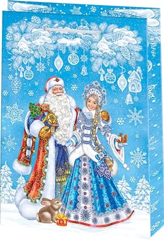 Новогодние подарочные пакеты сумки с Дедом Морозом и Снегурочкой, льдинки и веселое настроение